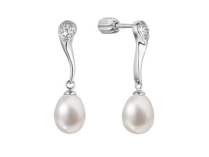 Strieborné náušnice visiace s oválnou riečnou perlou a zirkónmi biele 21097.1B