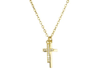 Pozlátený strieborný náhrdelník dva malé krížiky a biele zirkóny 12059.1 Au plating