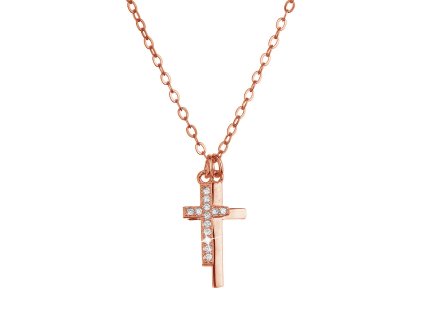 Pozlátený strieborný ROSE náhrdelník dva malé krížiky a biele zirkóny 12059.1 crystal