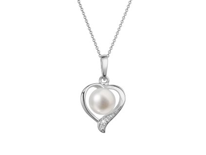 Zlatý 14 karátový náhrdelník srdce biele zlato s bielou riečnou perlou a briliantmi 82PB00049