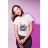 girl with red lips wearing a tshirt mockup against a pink background a18576