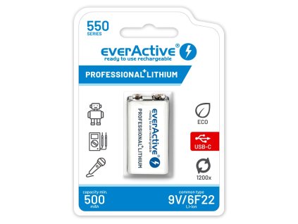 bateria everactive recyko 9v li ion 550mah s usb typ c konektorom 1ks