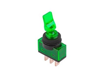 Dvojpolohový páčkový prepínač ASW-14D, ON-OFF, 3-pin, 12V, zelený, podsvietený