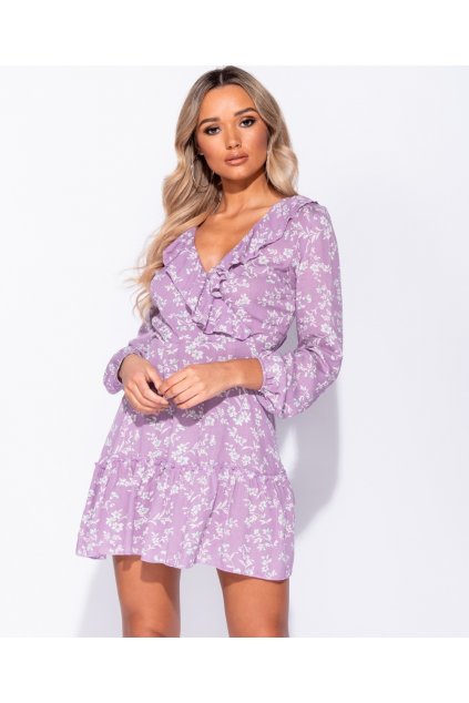 Letní květované Mini šaty fialové
