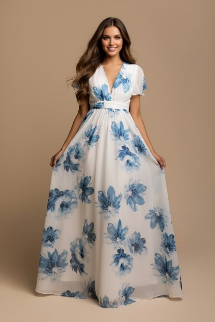 Společenské bílé šaty VICKY modré květy