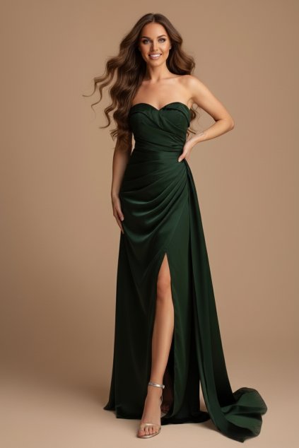Společenské saténové Šaty CLARA tmavě zelené