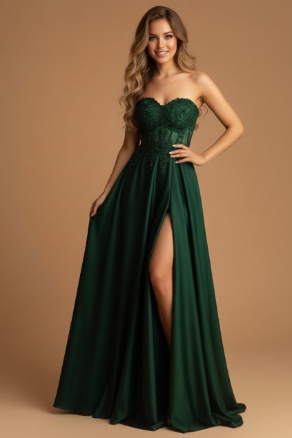 Společenské saténové Šaty MADELEINE tmavě zelené