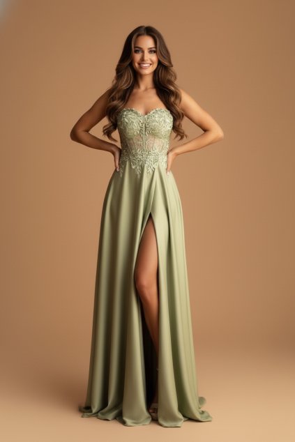 Společenské saténové Šaty MADELEINE zelenkavé