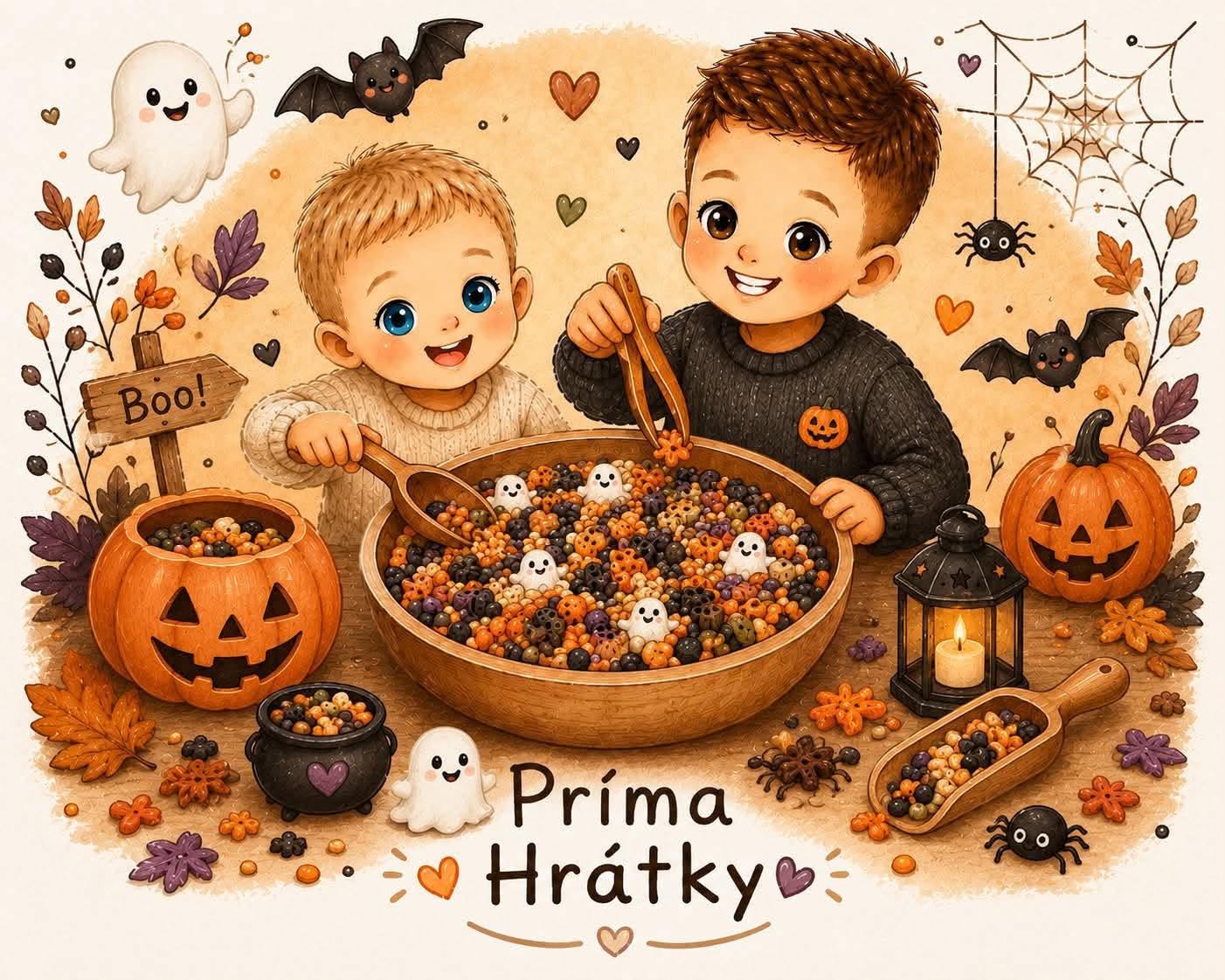 Kreslená ilustrace dětí symbolizující radost z hraní a tvoření se značkou Príma Hrátky