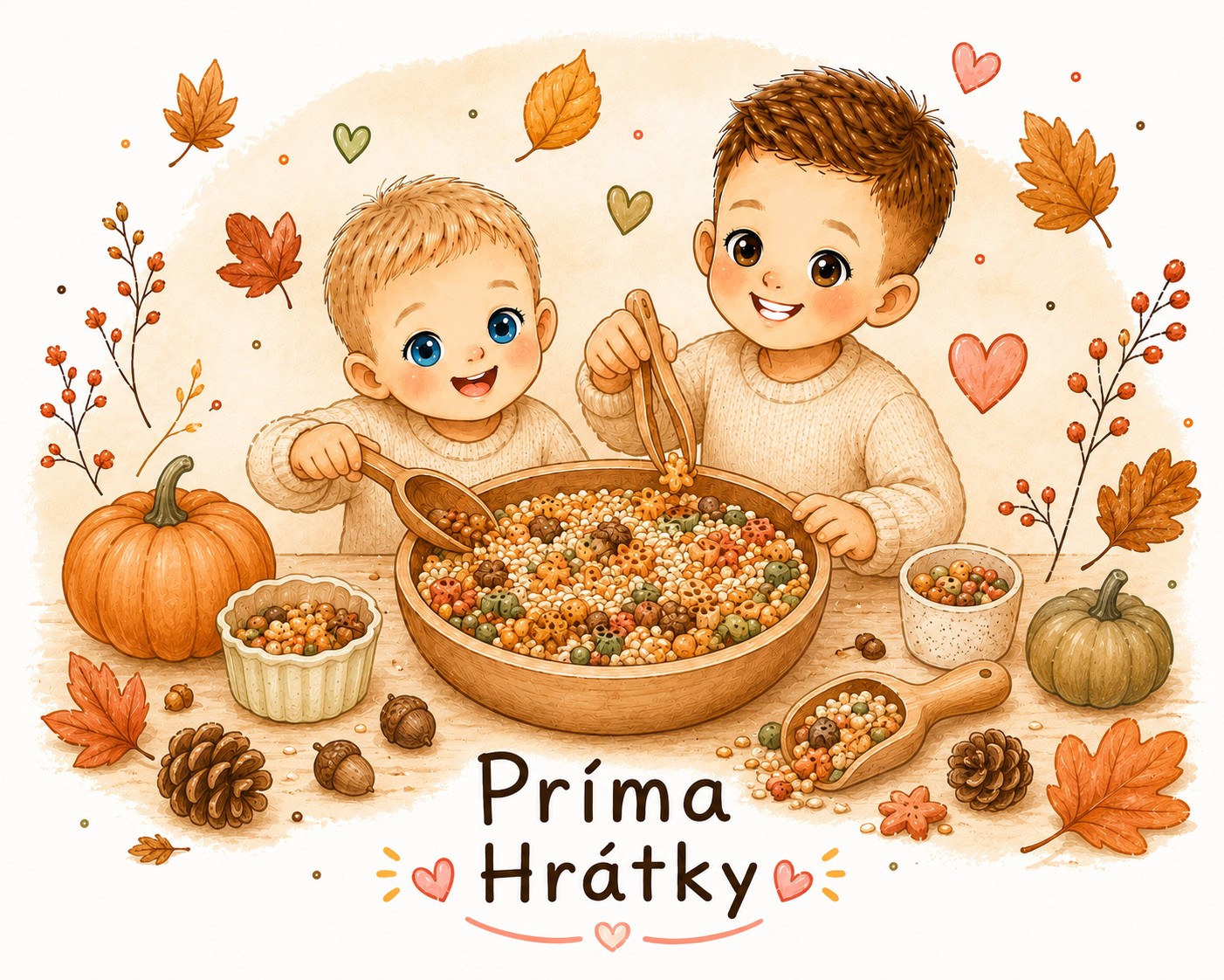 Kreslená ilustrace dětí symbolizující radost z hraní a tvoření se značkou Príma Hrátky