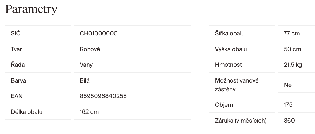 parametry-ravak-avocado-160x75-ch01000000
