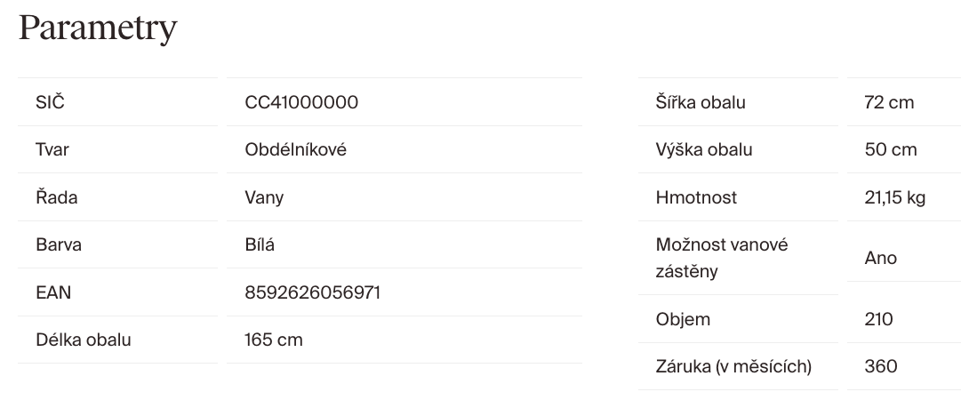 parametry-ravak-vana-classic-cc41000000