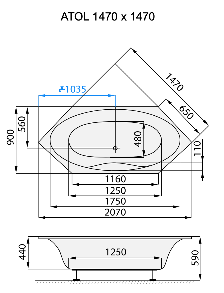santech-atol-147x147-cm-technicky-nakres