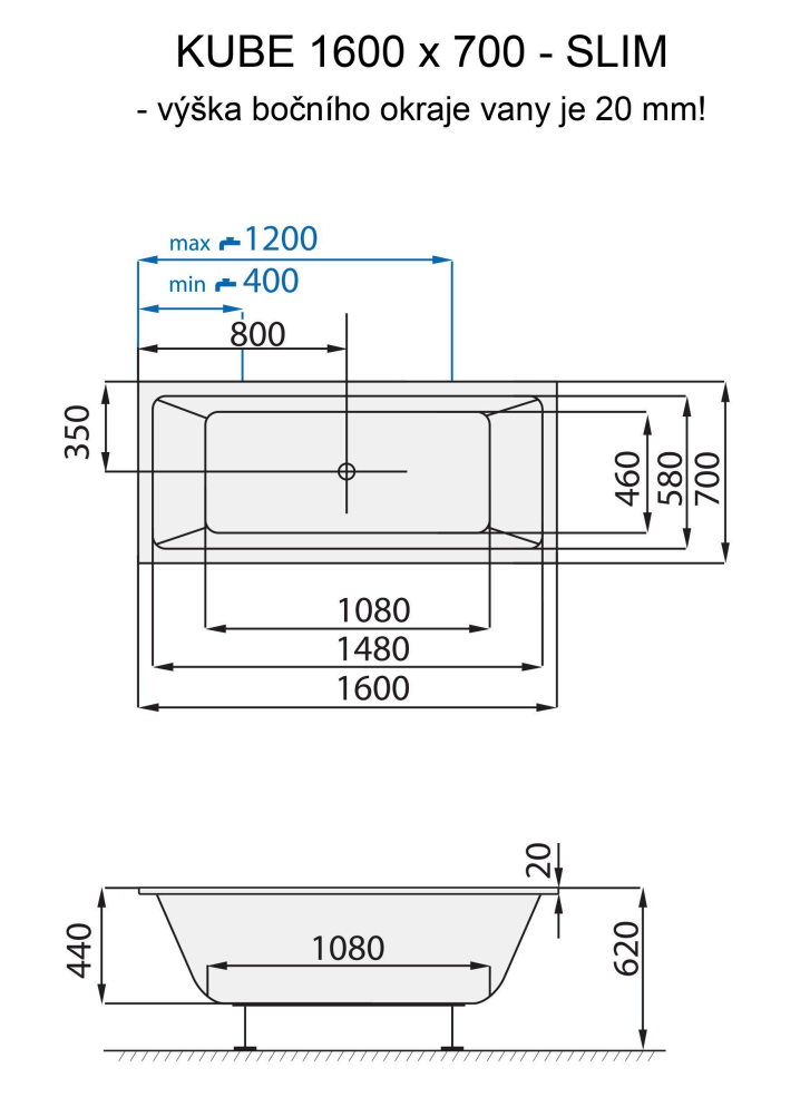 santech-kube-slim-160x70-cm-technicky-nakres
