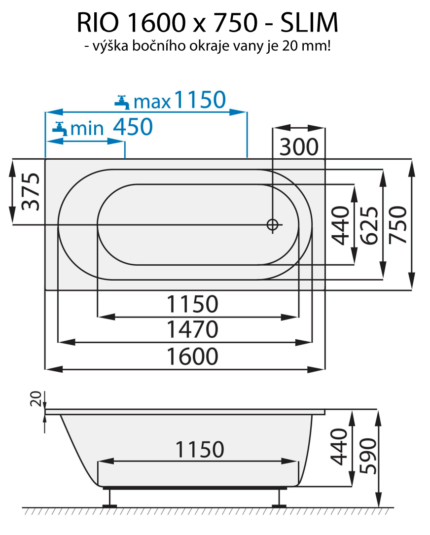 santech-rio-slim-160x75-cm-technicky-nakres