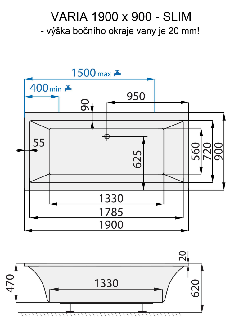 santech-varia-slim-190x90-cm-technicky-nakres