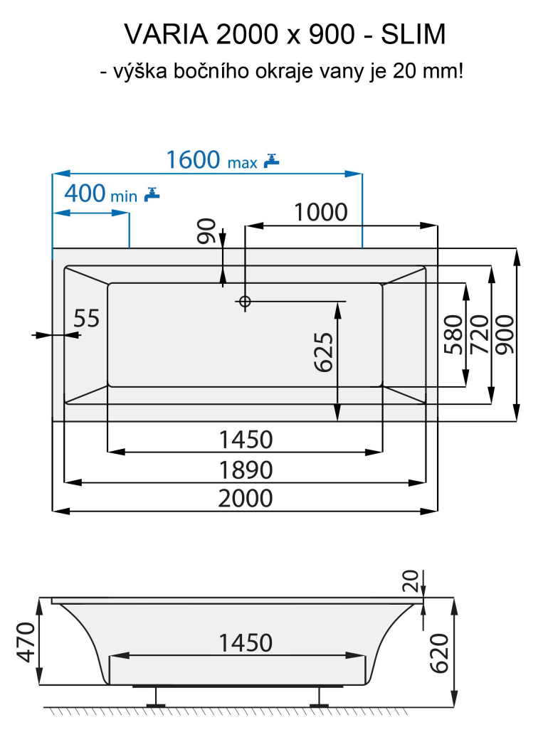 santech-varia-slim-200x90-cm-technicky-nakres