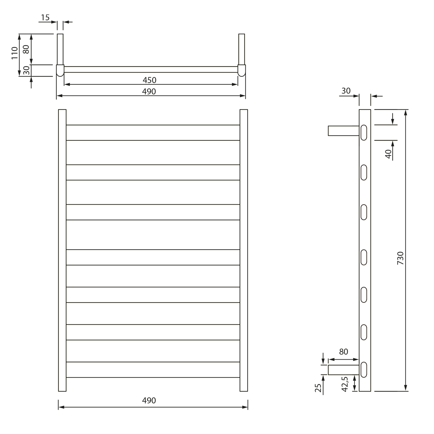 Sapho ELIAS elektrický sušák ručníků 490x730x110 mm, 105 W, bílá mat, technický nákres