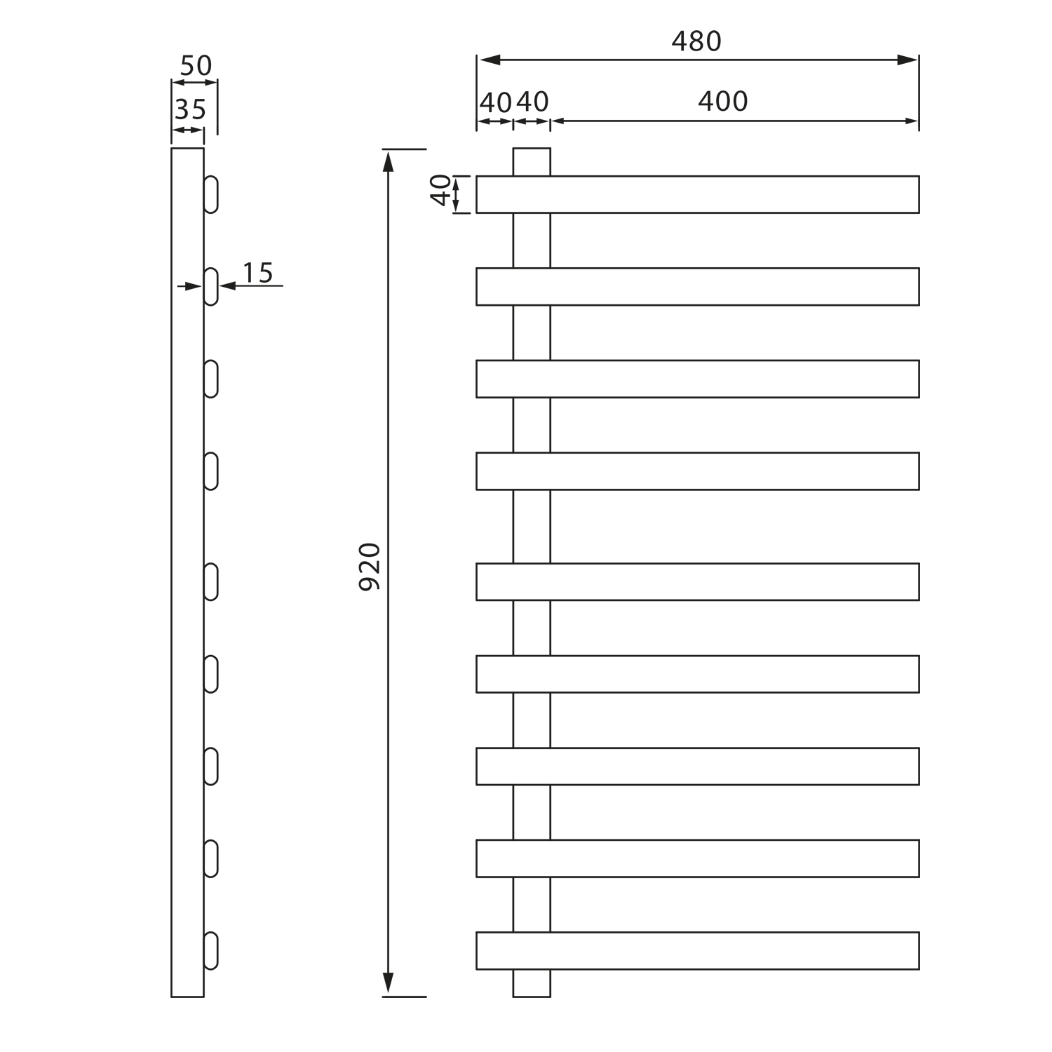 Sapho ELCOR elektrický sušák ručníků 480x920x50 mm, 128 W, bílá mat, technický nákres
