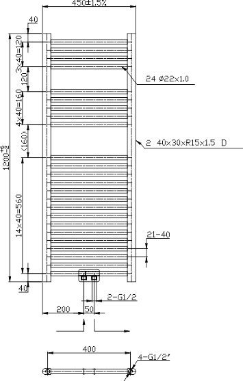 Novaservis 450 x 1200 kombinovaný topný žebřík, černá mat, technický nákres