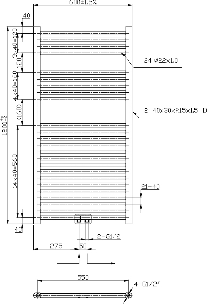 Novaservis 600 x 1200 kombinovaný topný žebřík, černá mat, technický nákres