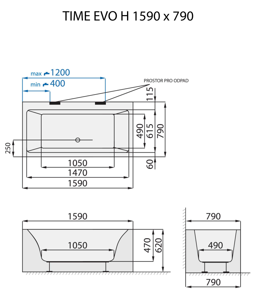 Santech VANA TIME EVO - H, 160x80 cm, technický nákres