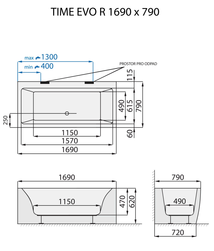 Santech VANA TIME EVO - R, 170x80 cm, technický nákres