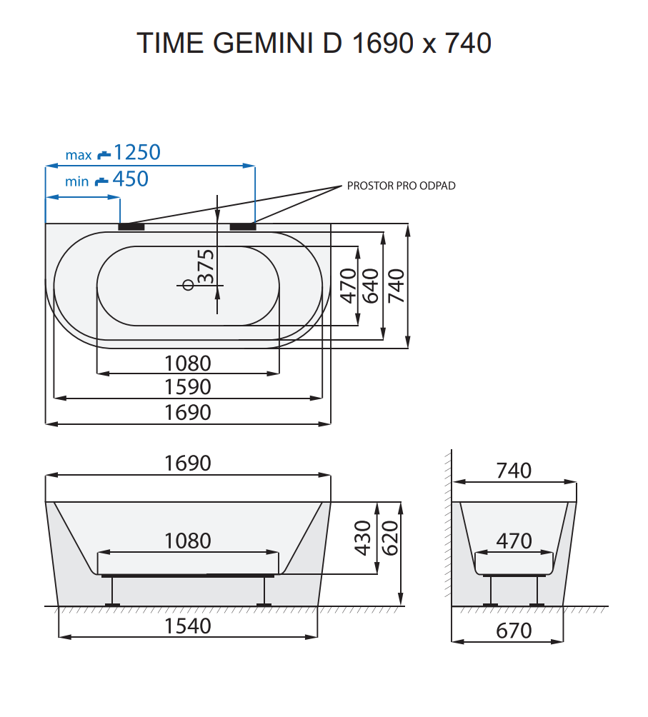 Santech VANA TIME GEMINI - D 169x74 cm, technický nákres