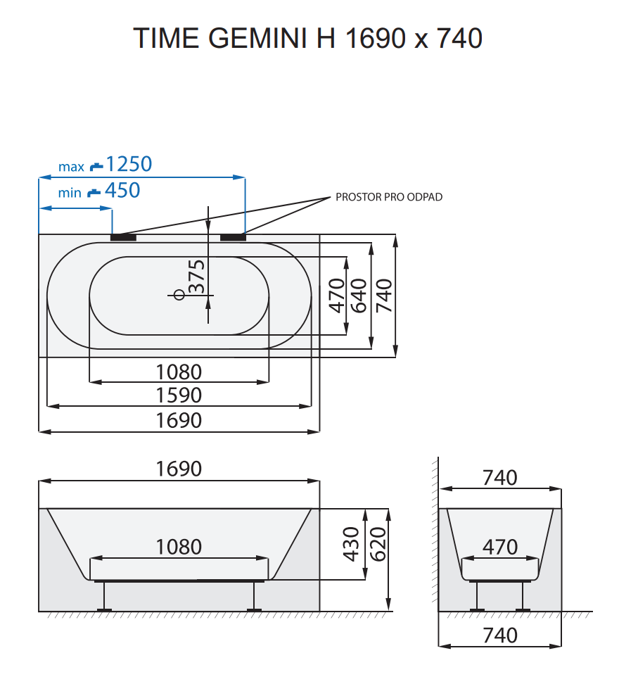 Santech VANA TIME GEMINI - H 169x74 cm, technický nákres