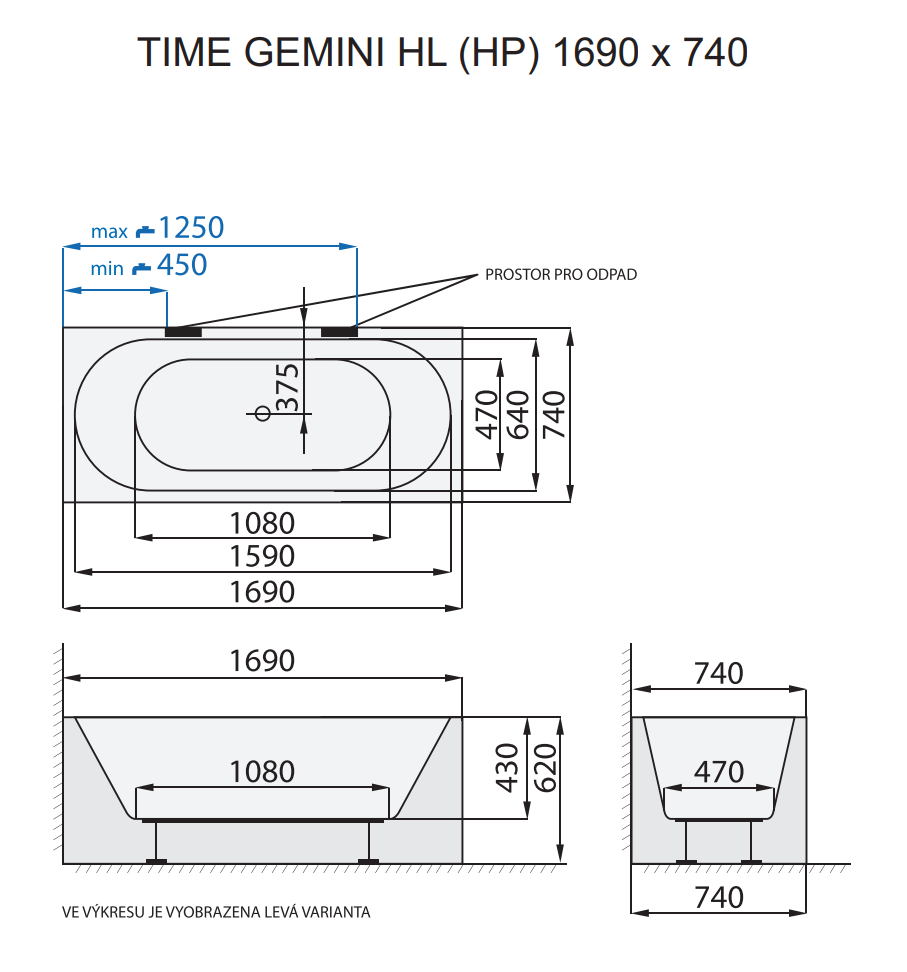 Santech VANA TIME GEMINI - HL (HP) 169x74 cm TIGEM169-H, technický nákres