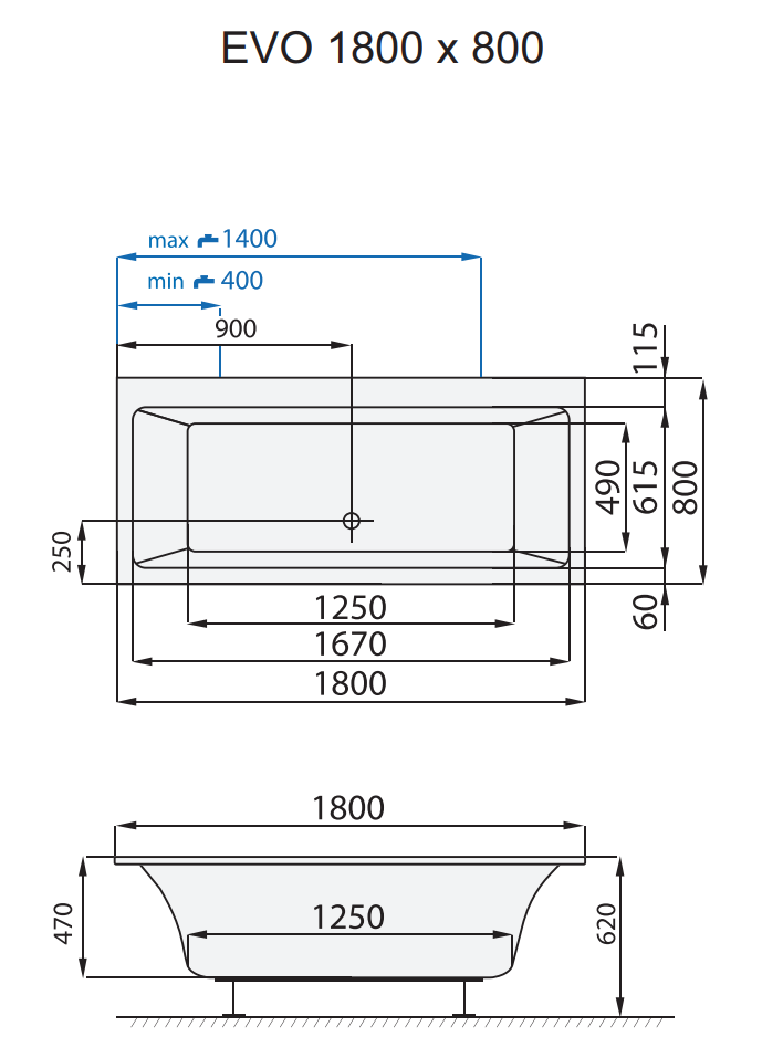 Santech OBDÉLNÍKOVÁ VANA EVO, 180x80 cm, technický nákres