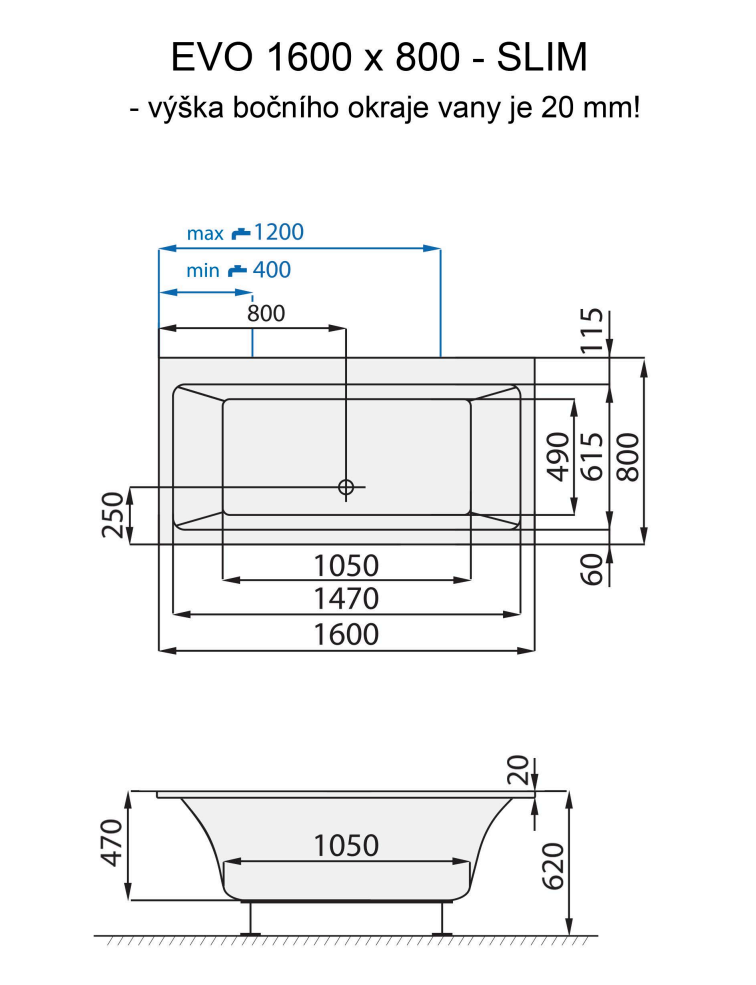 Santech OBDÉLNÍKOVÁ VANA EVO SLIM, 160x80 cm, technický nákres