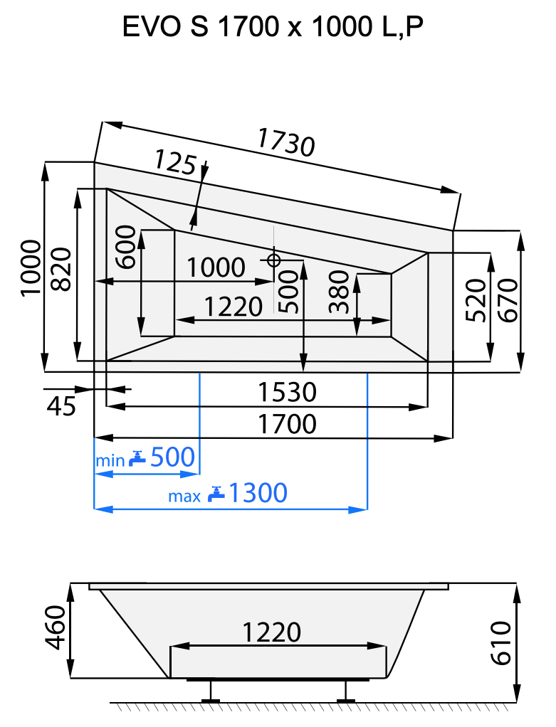 Santech ASYMETRICKÁ VANA EVO-S, pravá, 170 x 100 cm, technický nákres