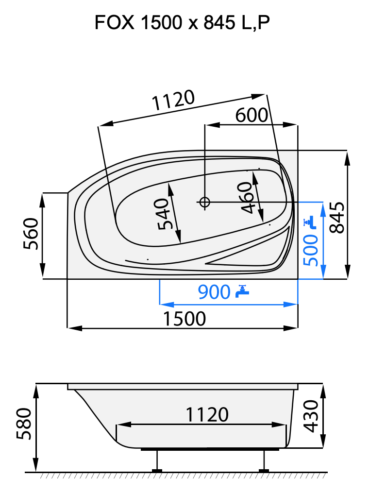 Santech ASYMETRICKÁ VANA FOX, 150x84,5 cm, pravá, technický nákres