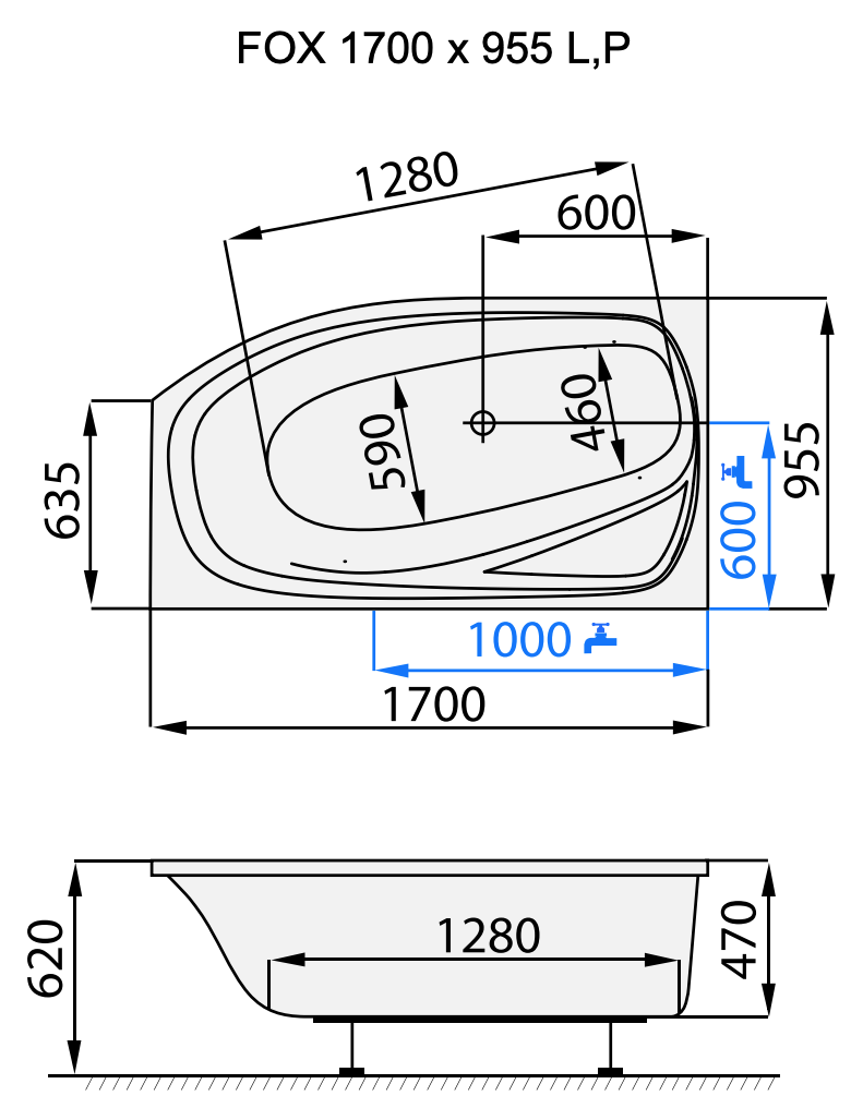 Santech ASYMETRICKÁ VANA FOX, 170x95,5cm, levá, technický nákres