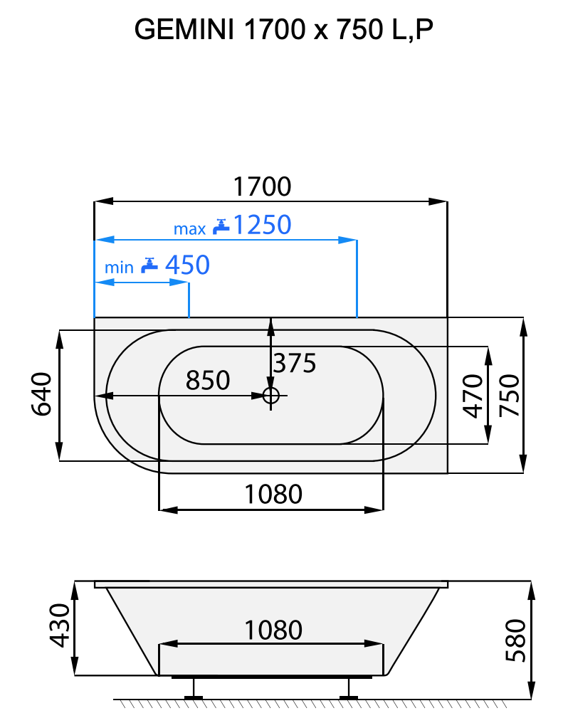 Santech ASYMETRICKÁ VANA GEMINI, pravá 170x75 cm, technický nákres