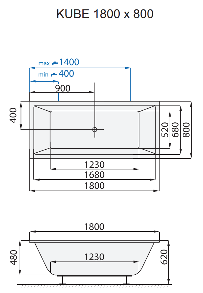Santech OBDÉLNÍKOVÁ VANA KUBE, 180x80 cm, technický nákres