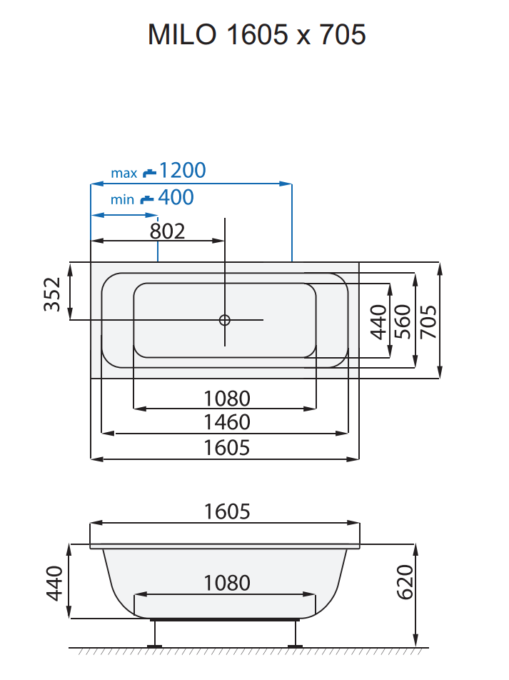 Santech OBDÉLNÍKOVÁ VANA MILO 160,5x70,5 cm, technický nákres
