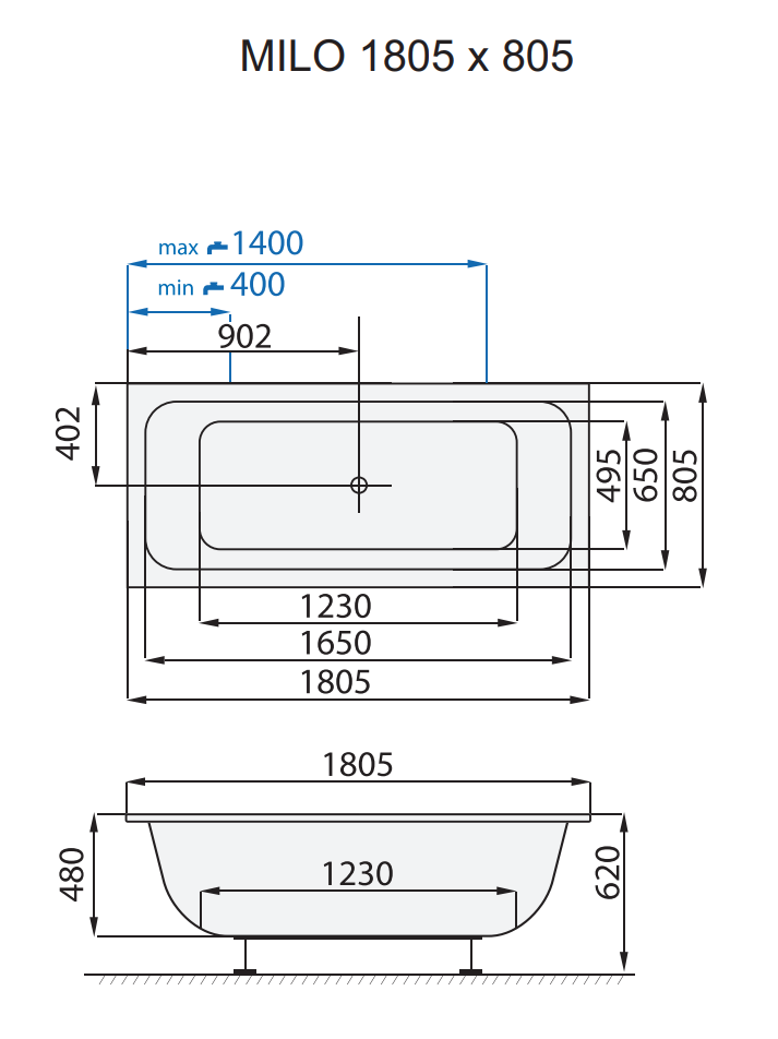 Santech OBDÉLNÍKOVÁ VANA MILO 180,5x80,5 cm, technický nákres