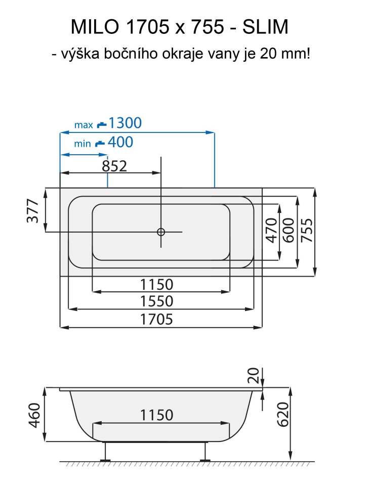 Santech OBDÉLNÍKOVÁ VANA MILO SLIM 170,5x75,5 cm, technický nákres