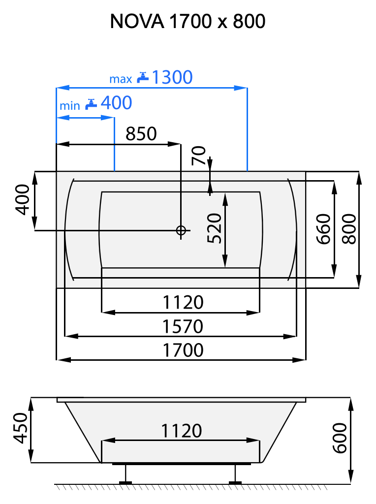 Santech OBDÉLNÍKOVÁ VANA NOVA 170 x 80 cm, technický nákres