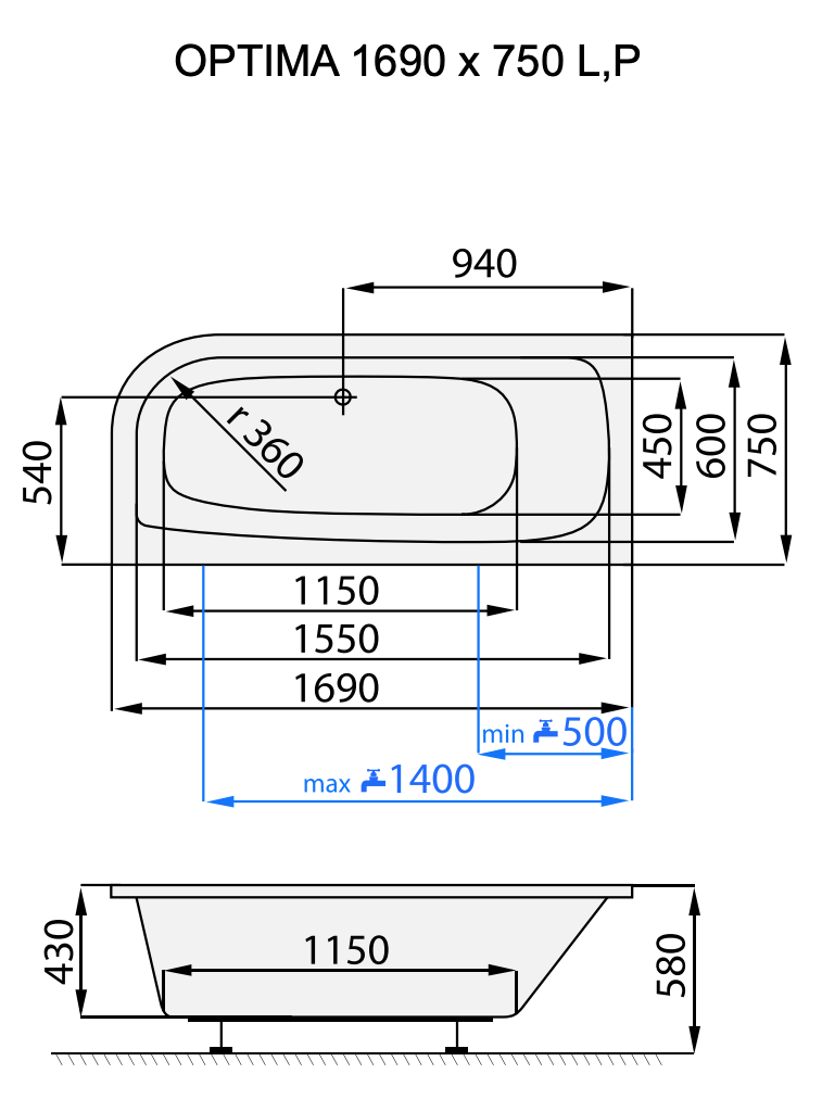Santech ASYMETRICKÁ VANA OPTIMA 169x75 cm, levá, technický nákres