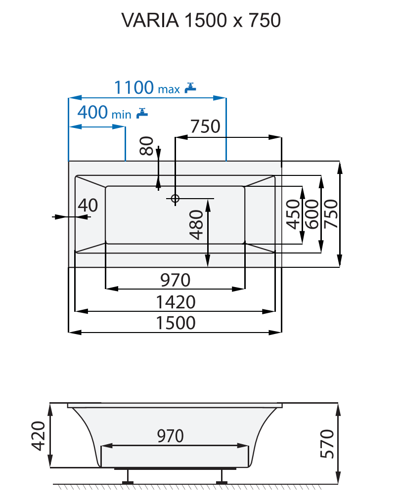 Santech OBDÉLNÍKOVÁ VANA VARIA 150x75 cm, technický nákres