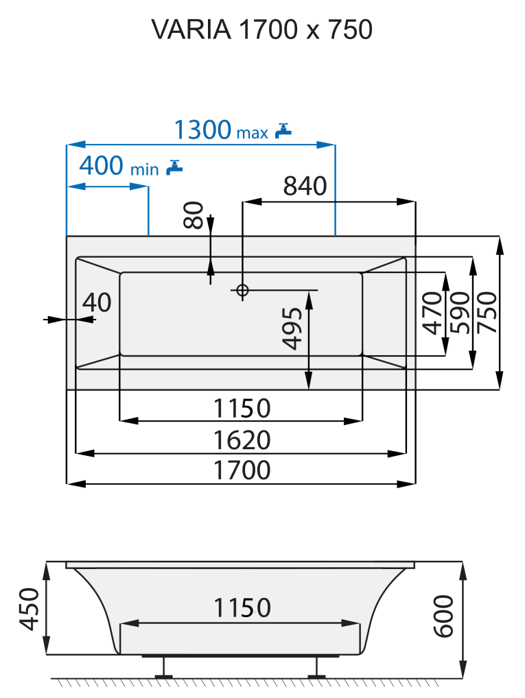 Santech OBDÉLNÍKOVÁ VANA VARIA 170x75 cm, technický nákres