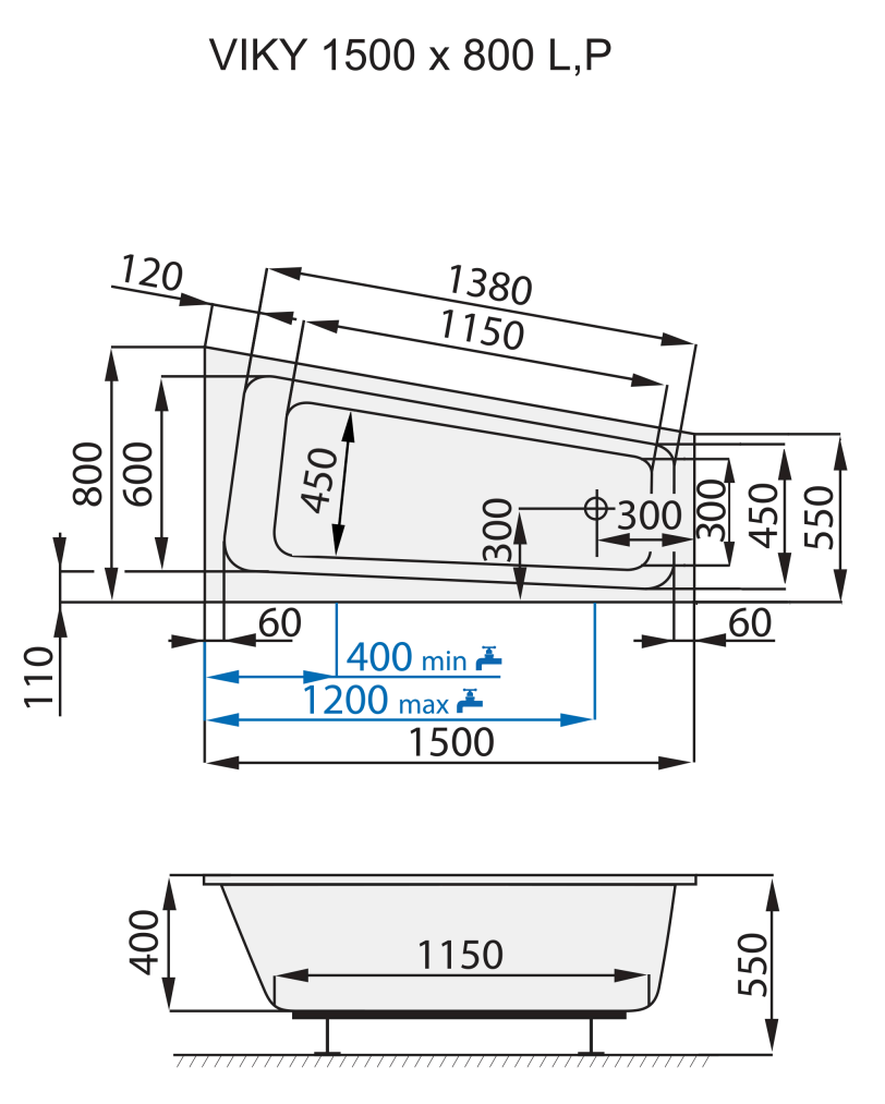 Santech ASYMETRICKÁ VANA VIKY, levá 150x80 cm, technický nákres