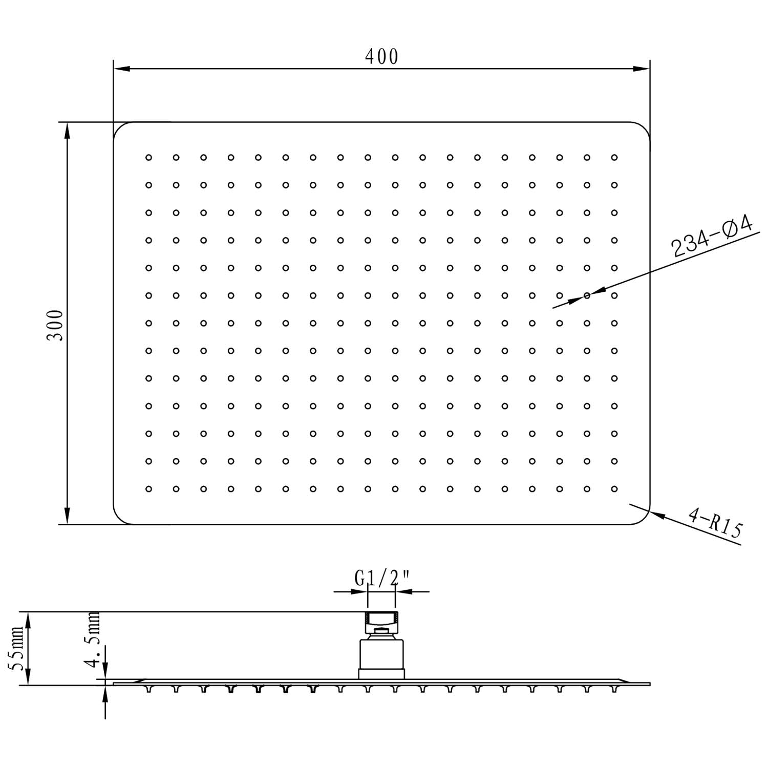 Sapho SLIM hlavová sprcha, 400x300mm, nerez lesk, technický nákres