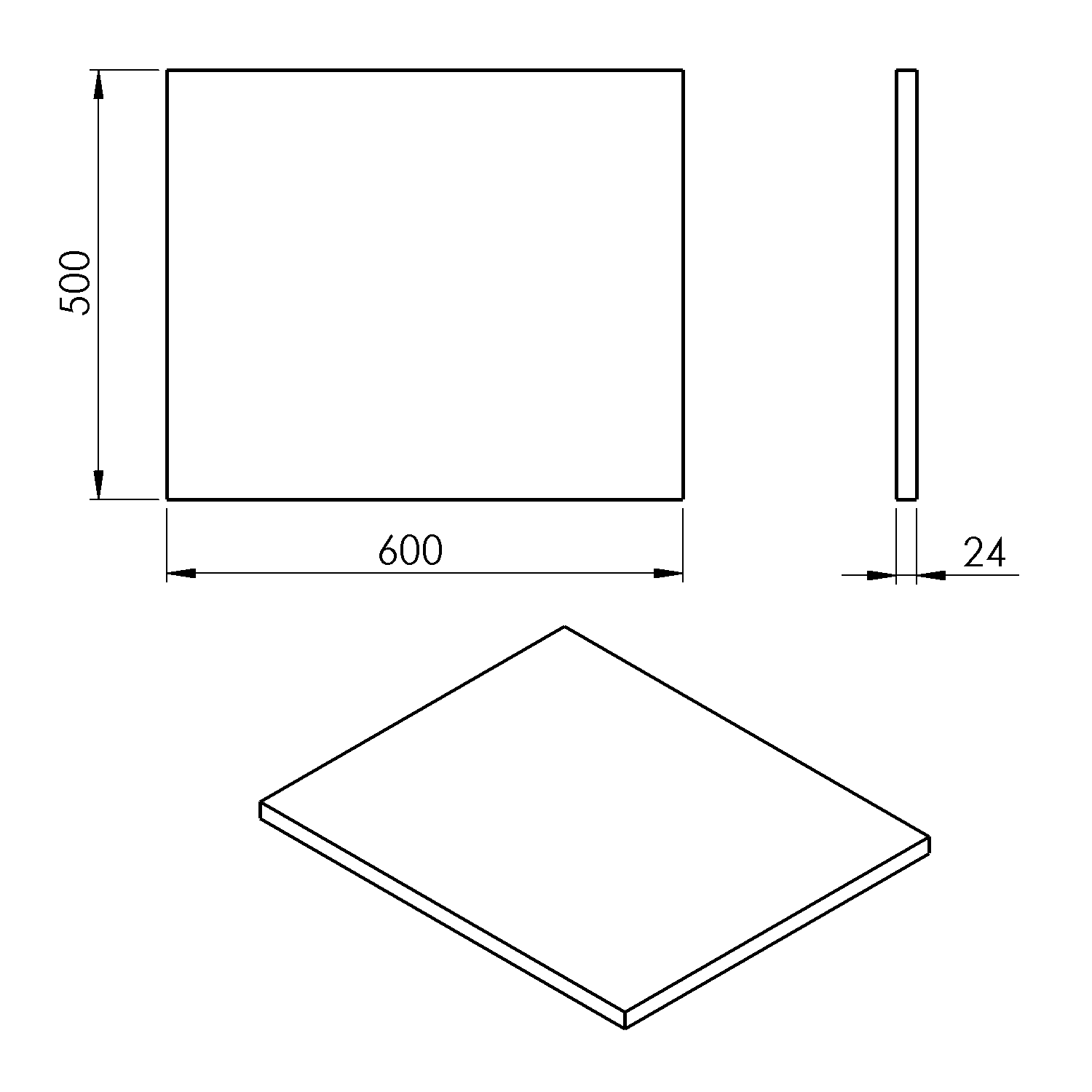 Sapho PLATO deska Rockstone 600x24x500mm, bílá mat, technický nákres