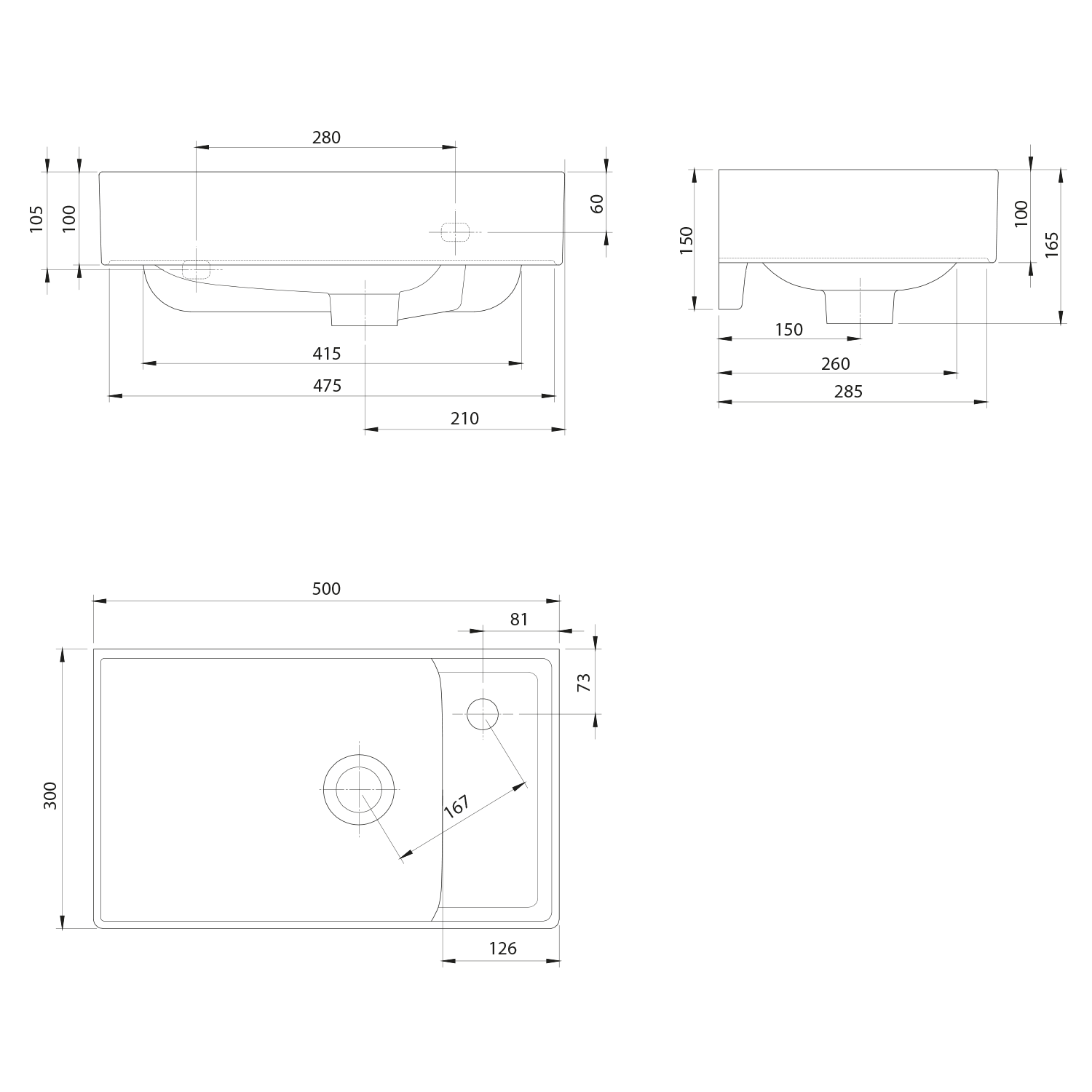 CERASTYLE NUALI keramické umývátko 50x30cm, baterie vpravo, bílá, technický nákres