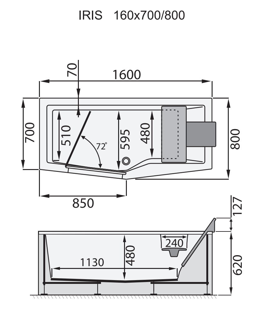 Santech Iris obdélníková vana s dvířky 160x80 cm SAIRI160, technický nákres