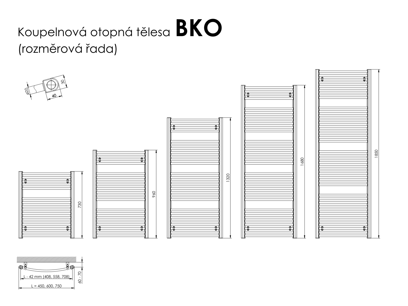Thermal Trend BKO 450 x 1850 kombinovaný topný žebřík oblý, středové připojení KDO 450/1850 SP, technický nákres série